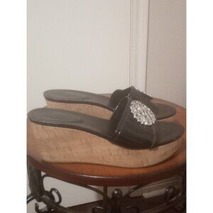 Coach Judith Black Patent Leather Cork Wedge Sandals Women's Size 8.5 B